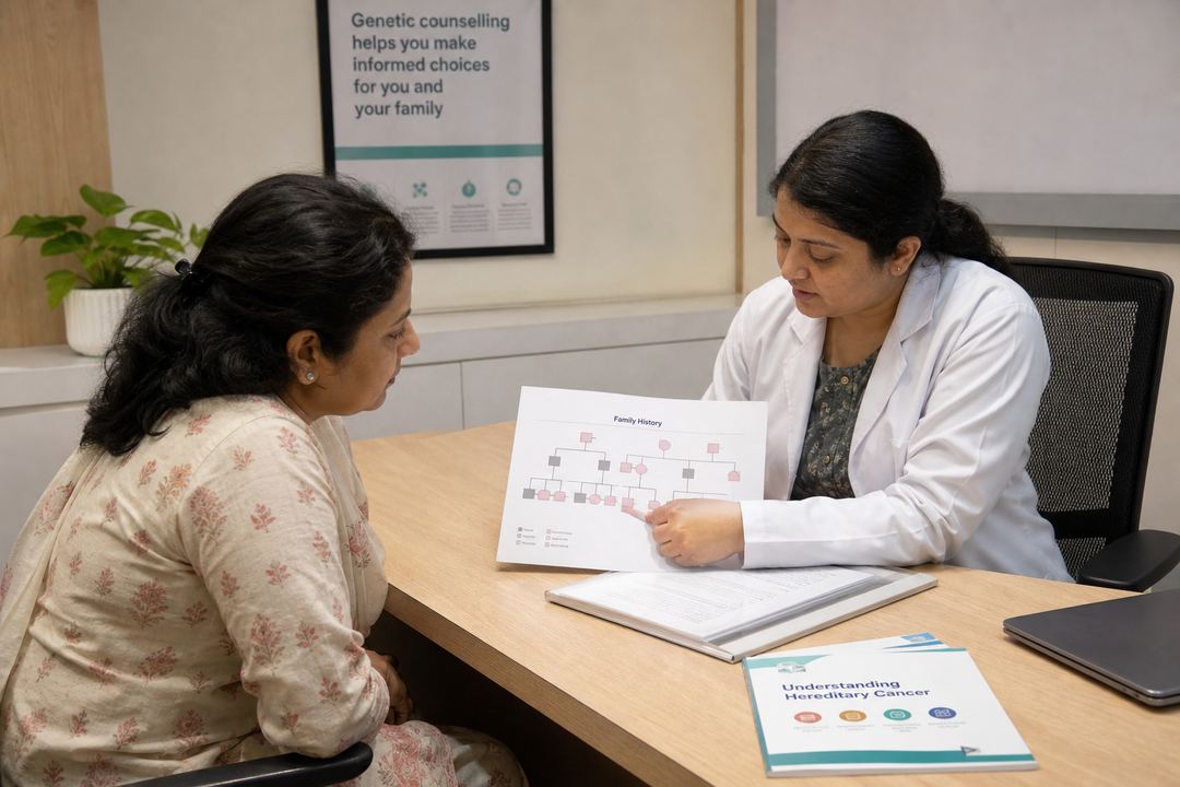 An Indian woman discussing genetic test results with a clinician or genetic counsellor in a consultation room.