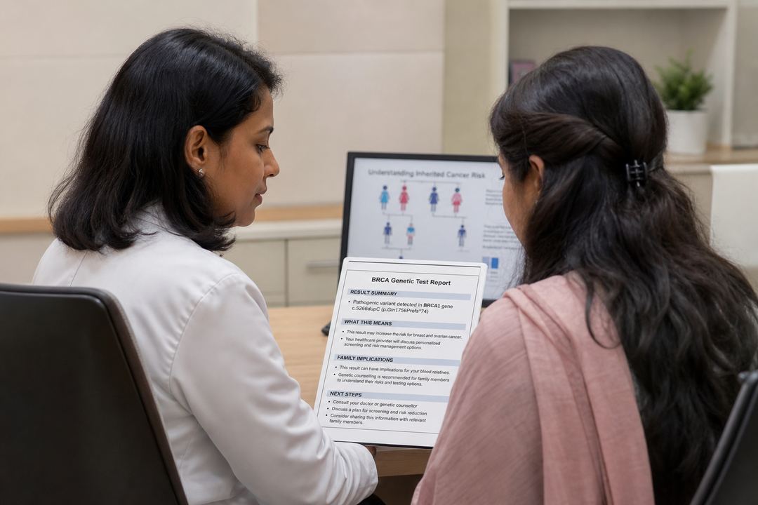 Genetic counsellor discussing a BRCA test report with a patient in an Indian clinic setting.