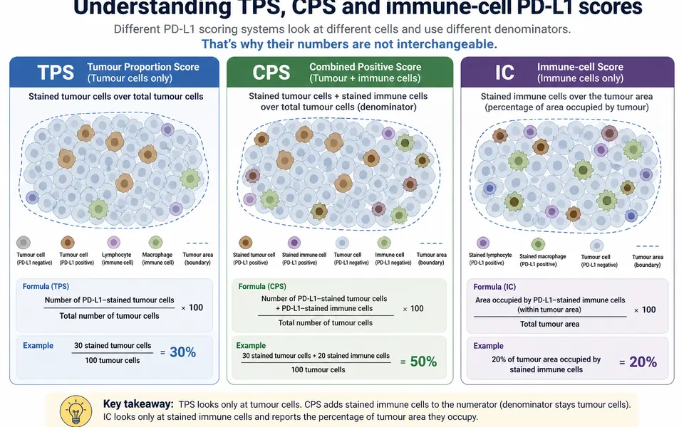 Side-by-side schematic of tumour tissue showing how TPS, CPS and immune-cell scores are calculated from PD-L1 staining.