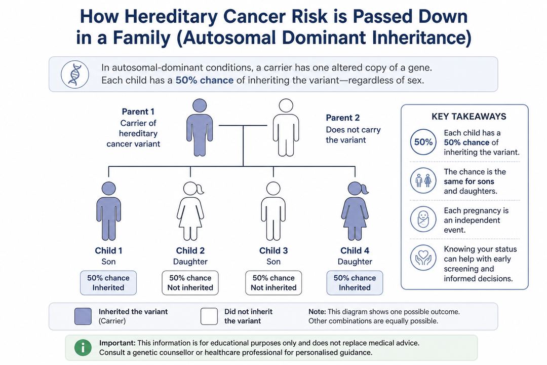 Simple family tree diagram showing an affected parent with a hereditary cancer variant and a 50% chance of passing it on to each child.