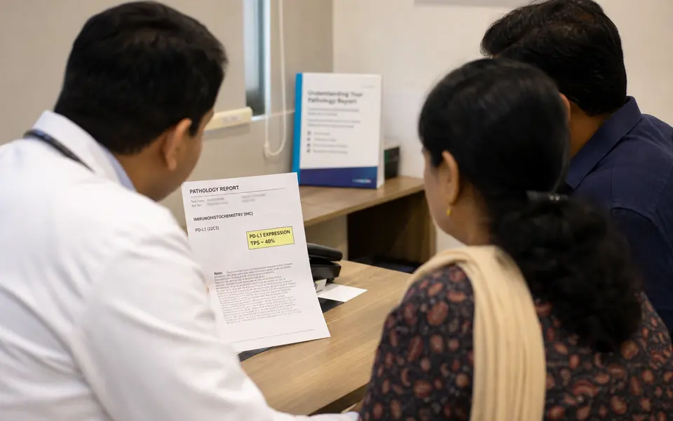 Oncologist and patient in an Indian clinic discussing a printed pathology report that highlights a PD-L1 score.