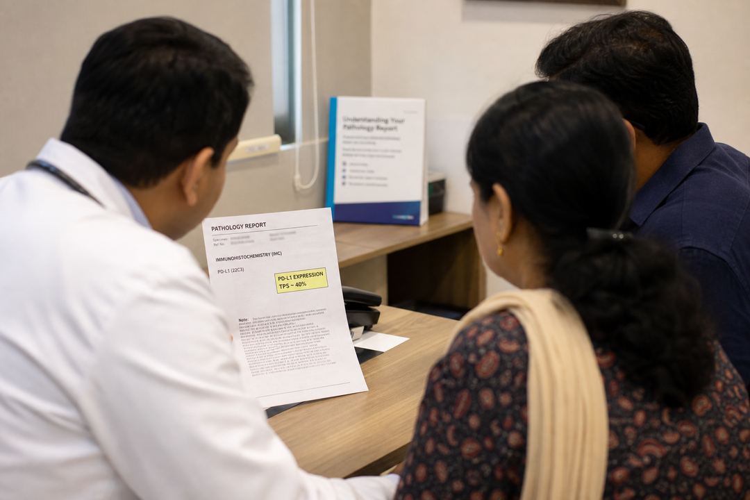 Oncologist and patient in an Indian clinic discussing a printed pathology report that highlights a PD-L1 score.